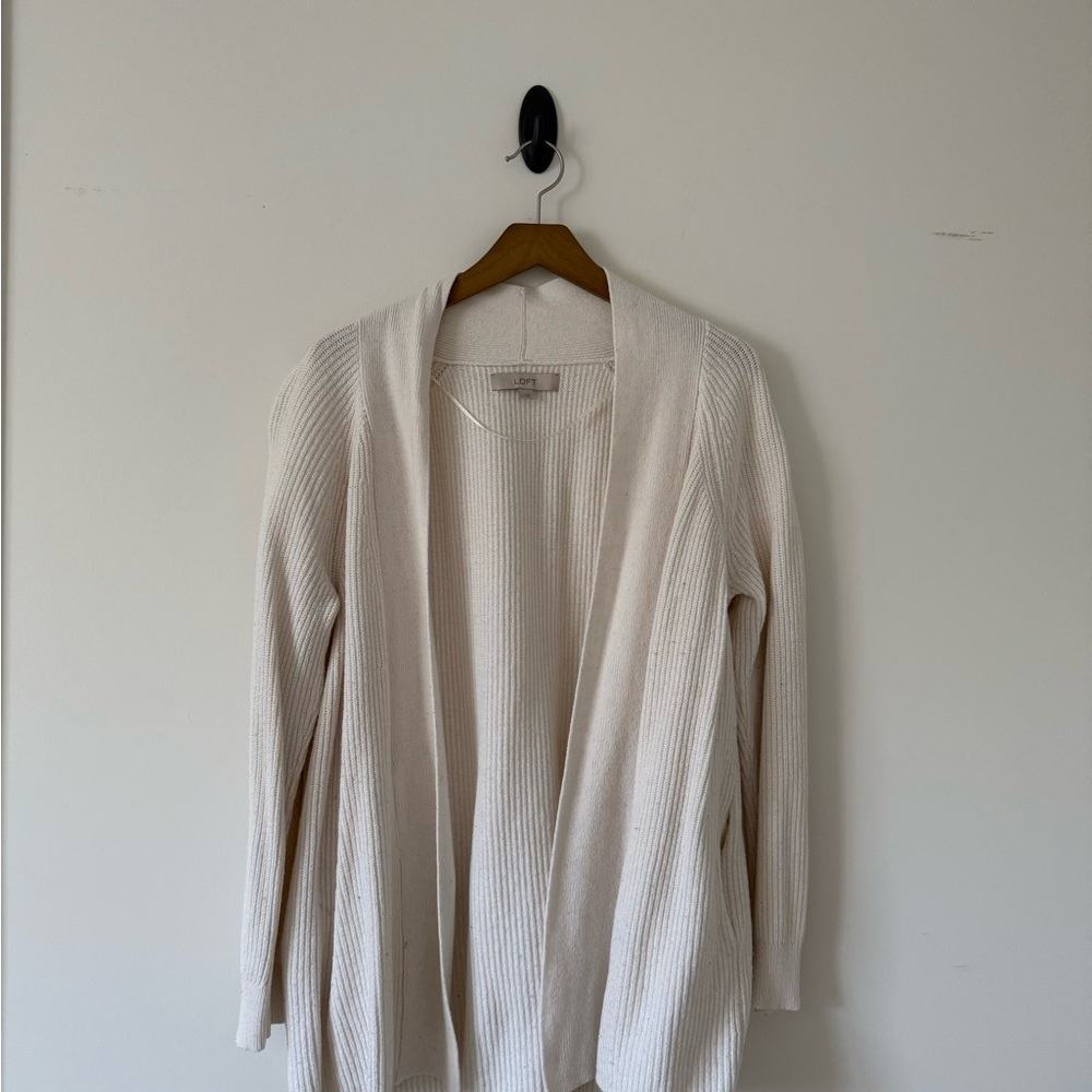 LOFT Cream Open-Front Ribbed Cardigan